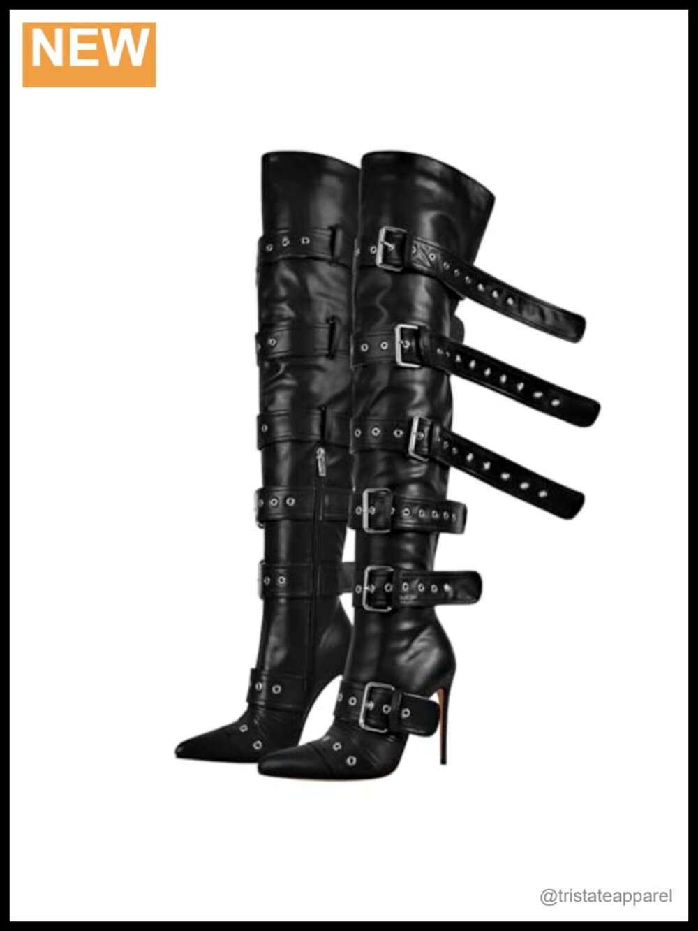 Over the Knee Stiletto Heeled Boots with Multi Buckle Straps, Pointed Toe Thigh